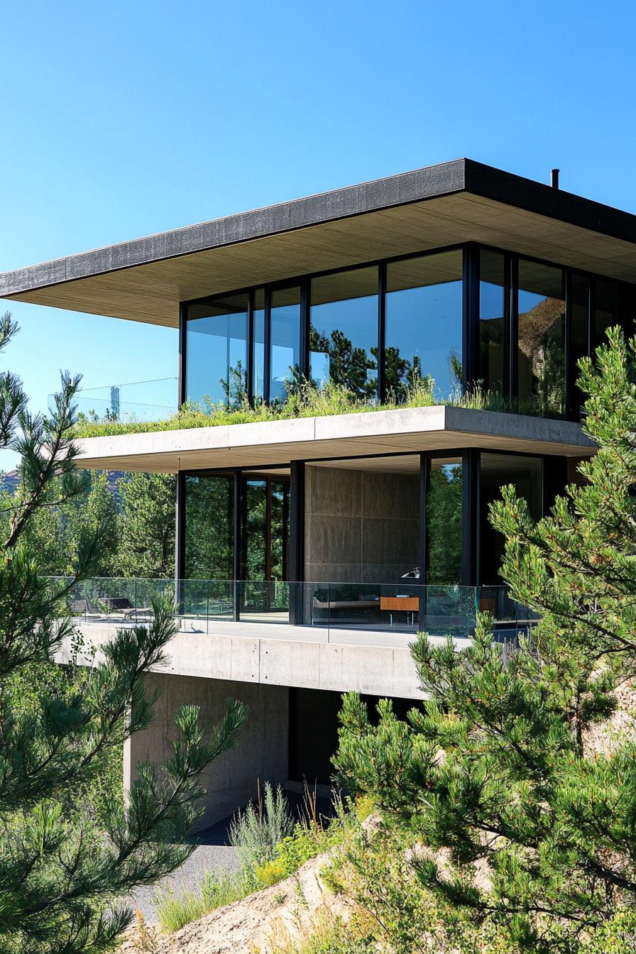 Modern glass and concrete house surrounded by trees on a hillside