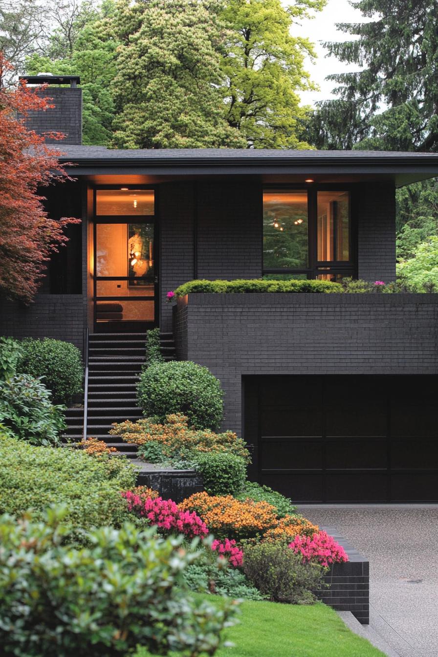 Modern split level in lush greenery with blooming shrubs