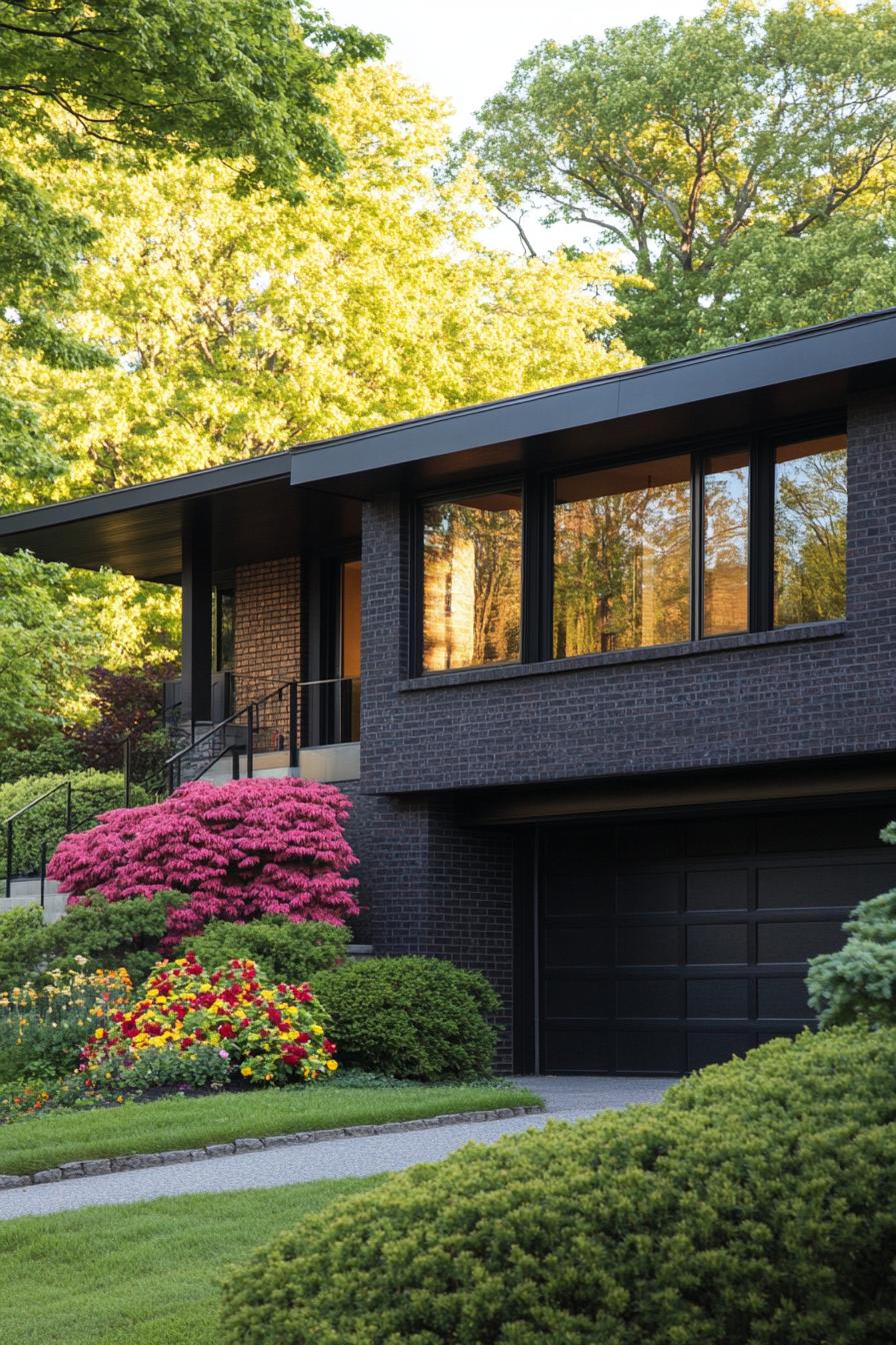 Modern split level house surrounded by lush greenery