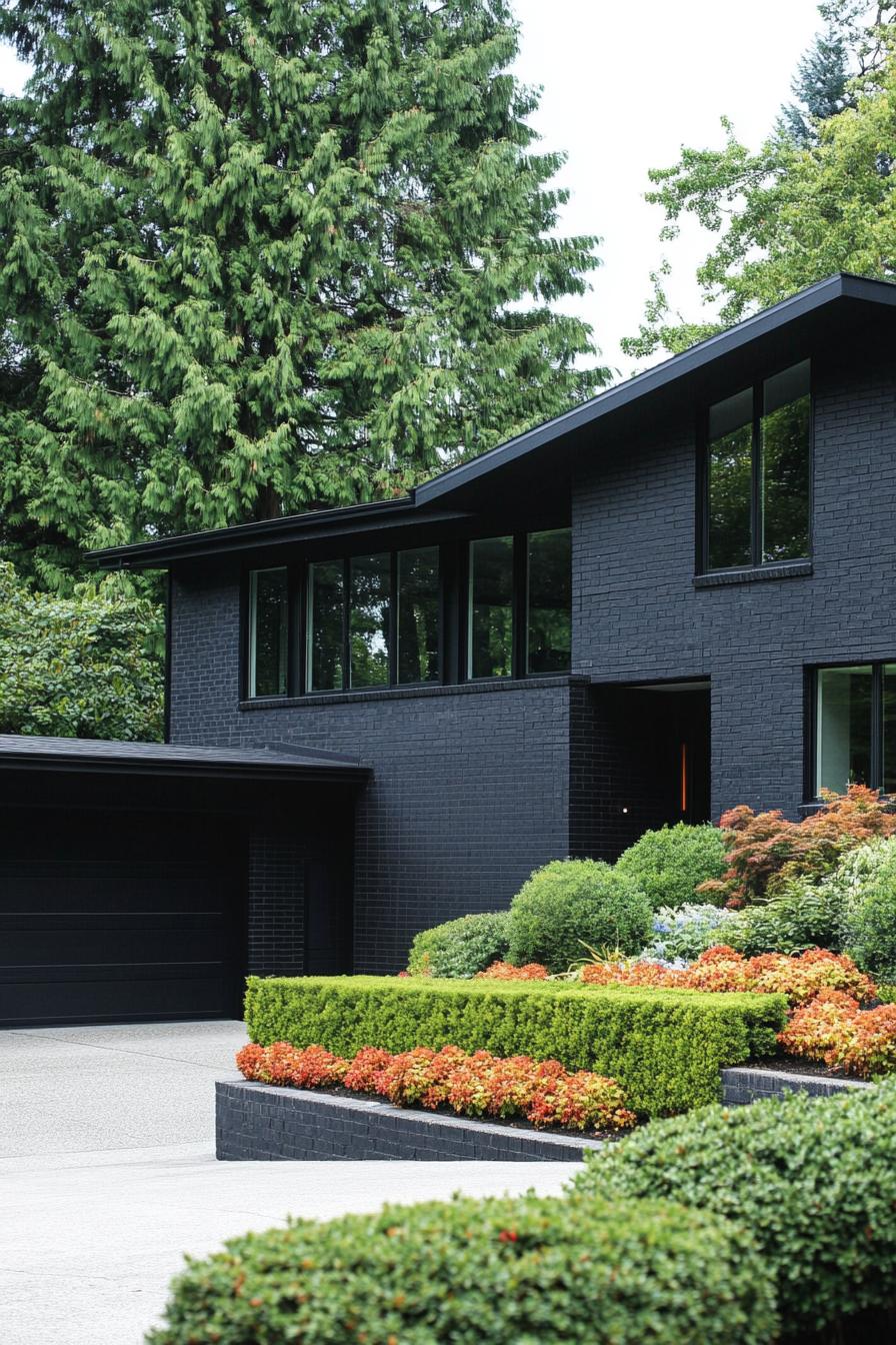 Black split level house nestled amongst lush greenery