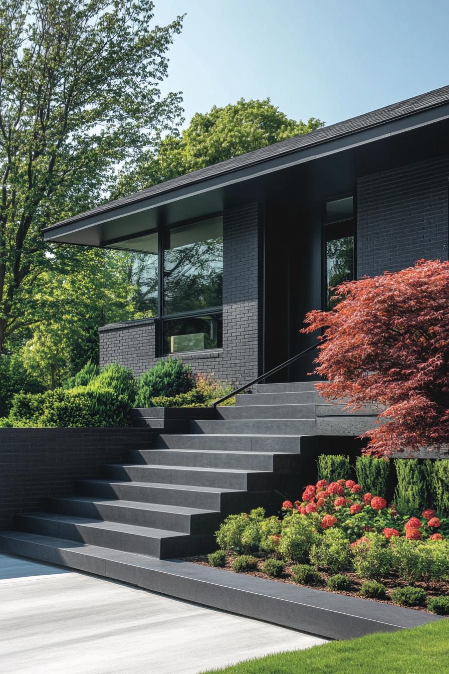 Modern split level house surrounded by lush greenery and vibrant plants