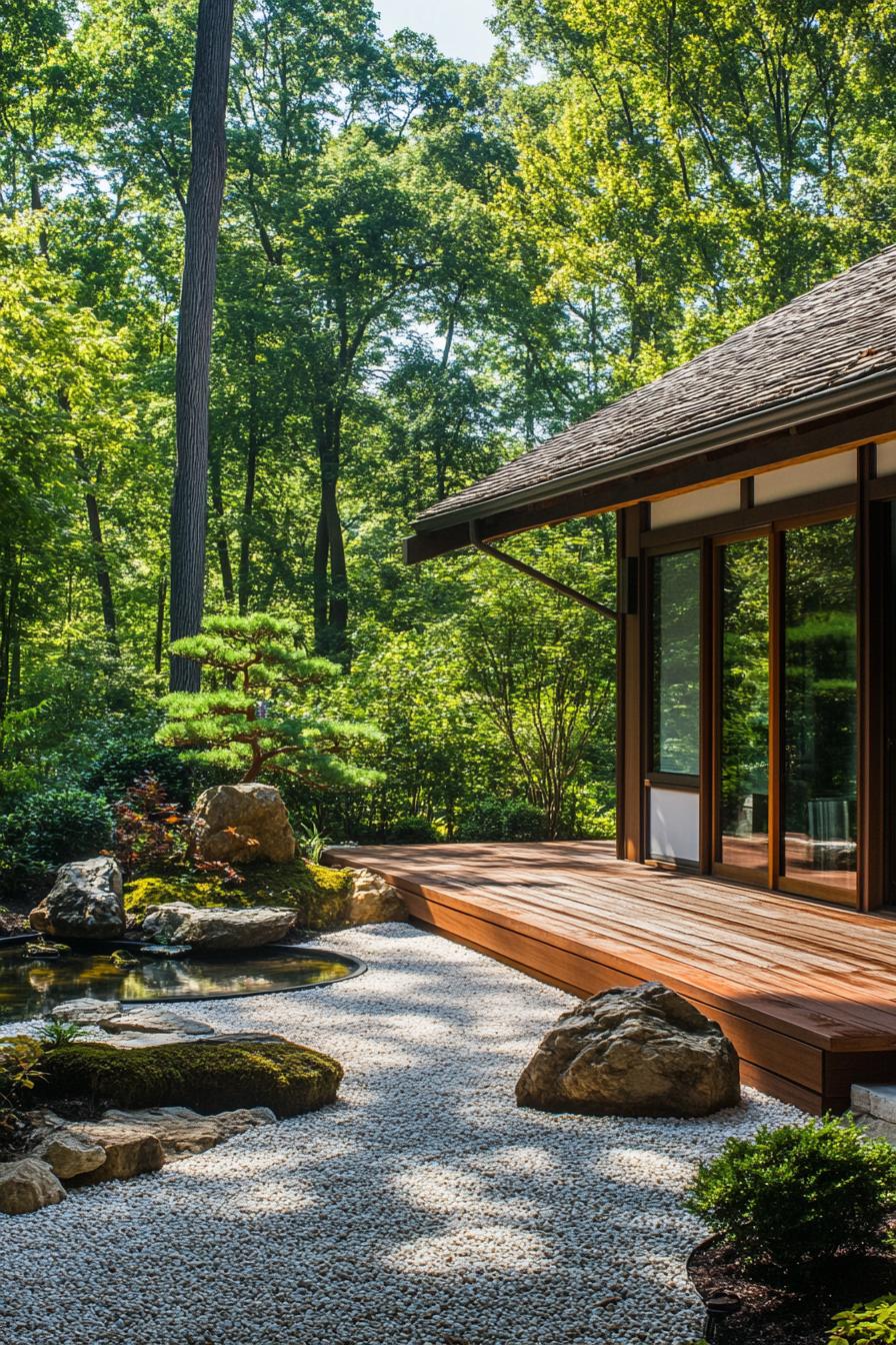 Japanese courtyard with pond and wooden deck