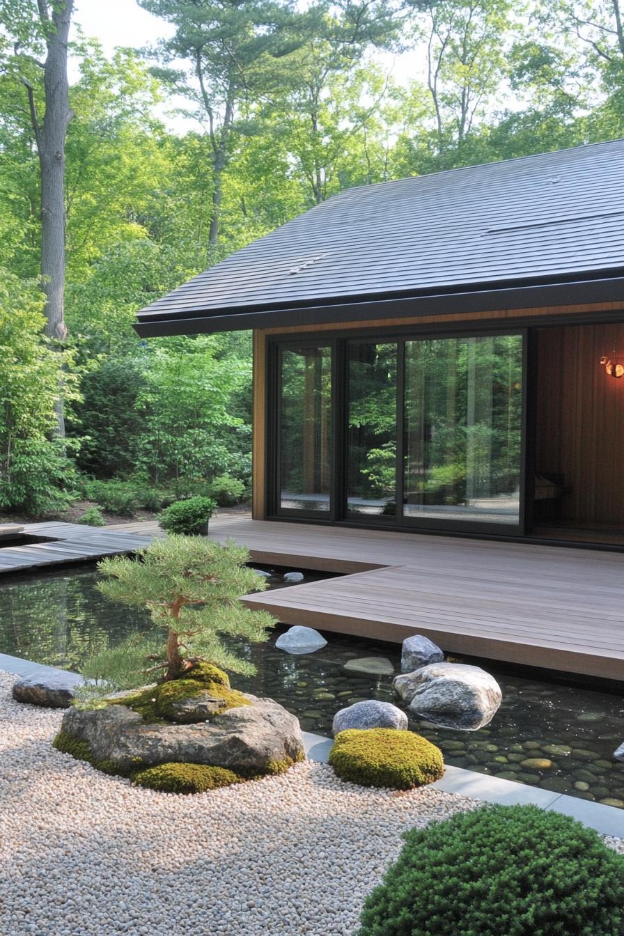 Peaceful garden with a wooden deck and pond