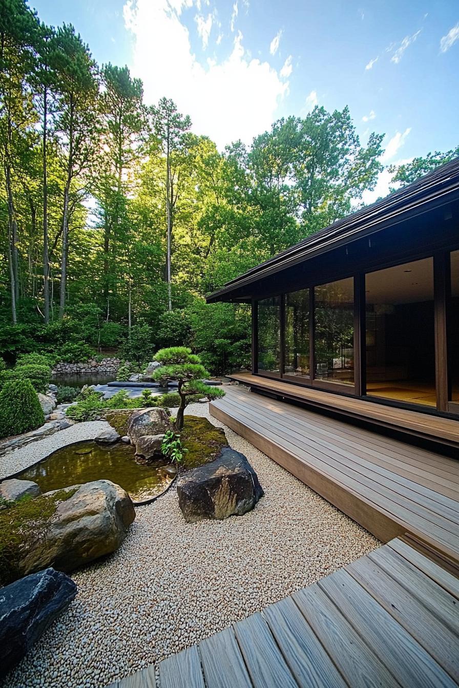 Calm zen garden with wooden deck and lush greenery