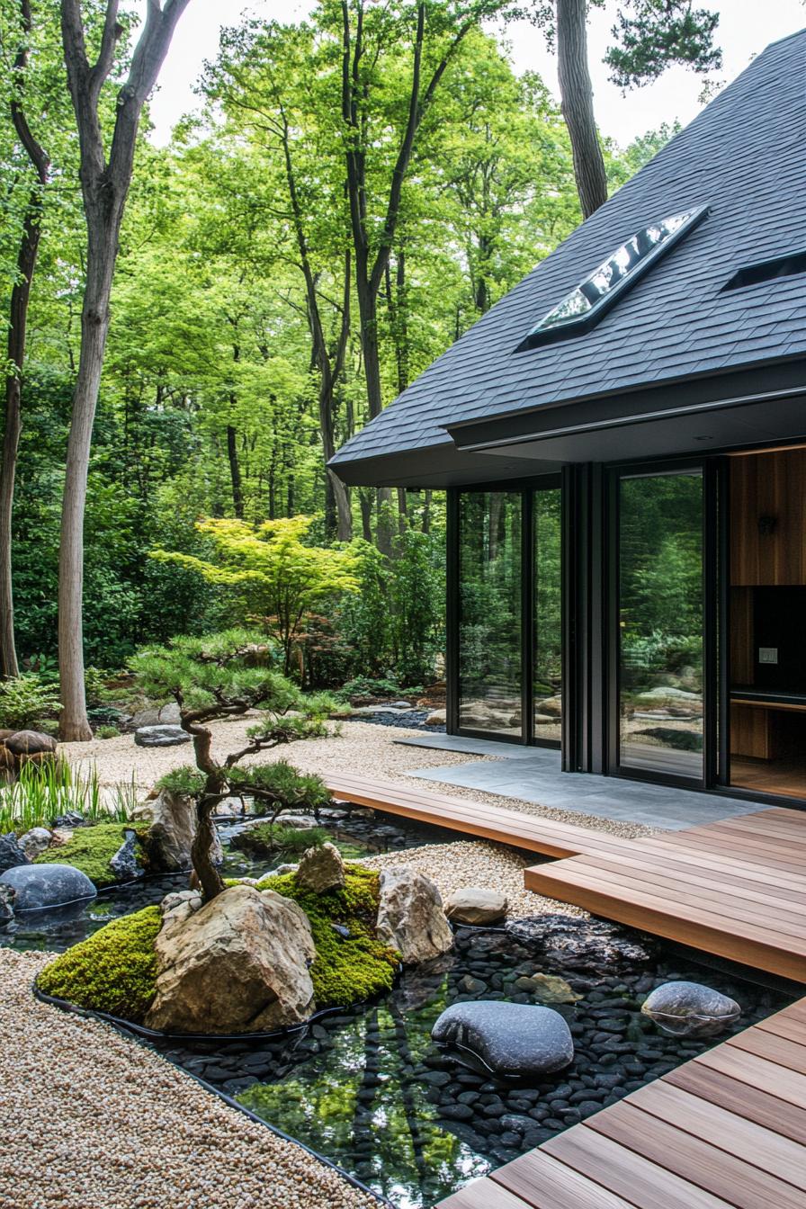 Japanese courtyard with wooden deck, pond, and lush greenery