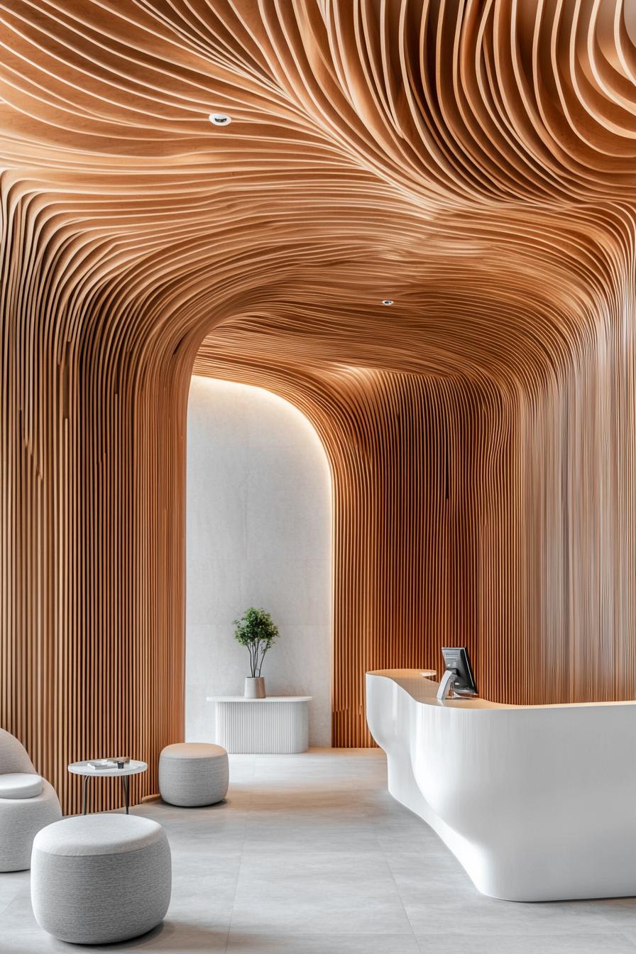 Curved wooden panels create a stunning ceiling design in a modern lobby