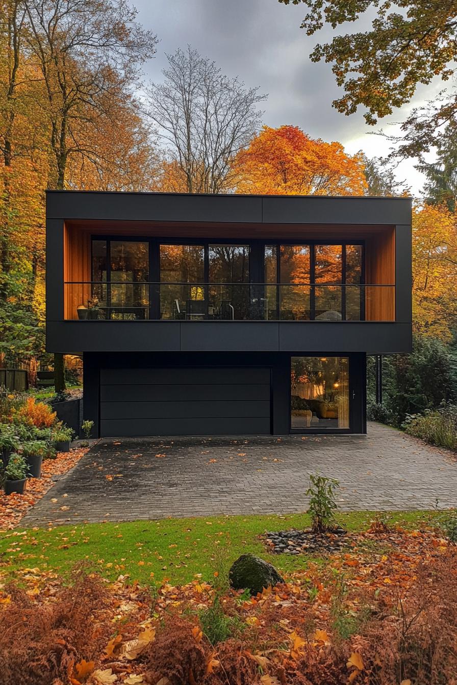 Black modern house surrounded by autumn trees