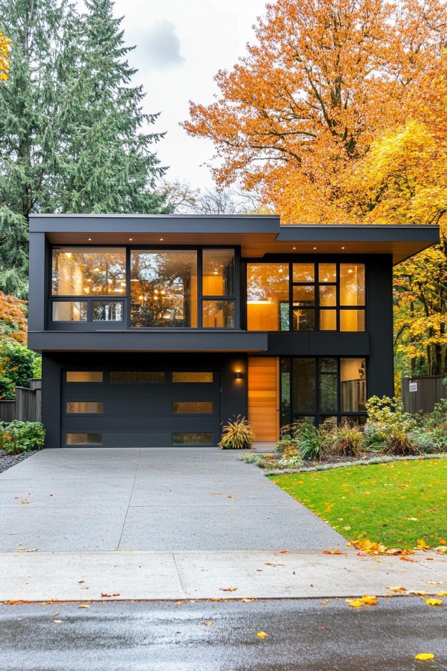 Modern flat roof house surrounded by vibrant autumn foliage