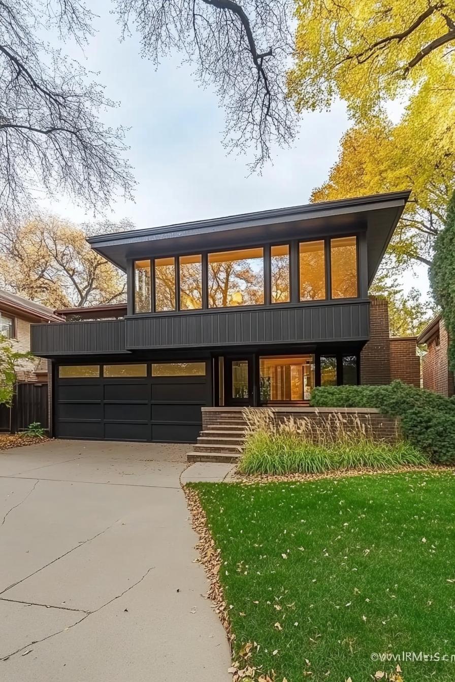 Modern house with large windows and a flat roof surrounded by autumn trees