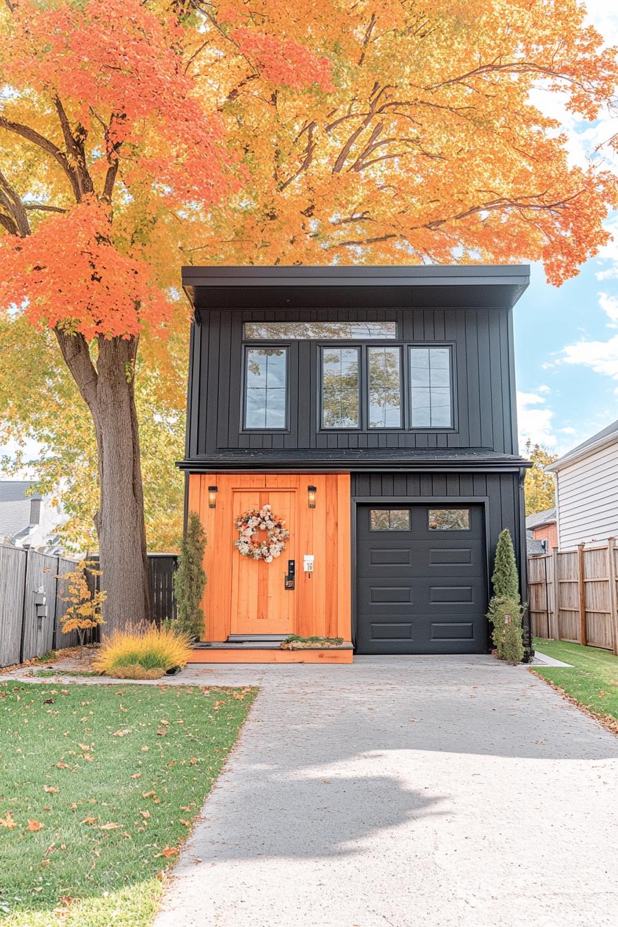 Modern black house with wooden accents and autumn foliage