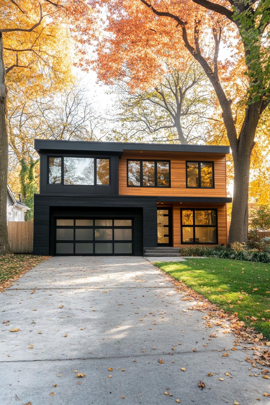 Modern house with a flat roof, surrounded by autumn trees