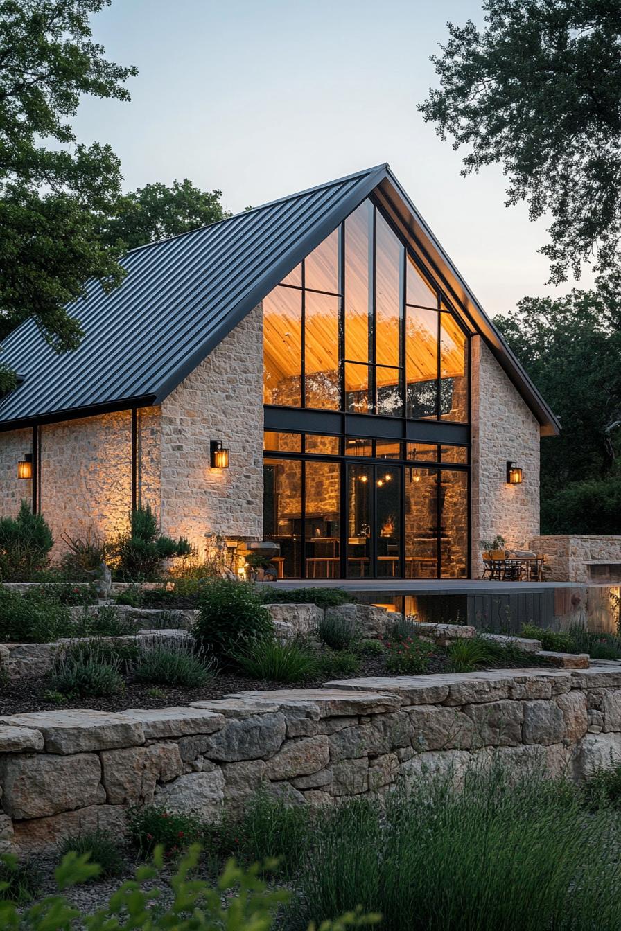 Modern stone barn with large glass windows and stylish lighting