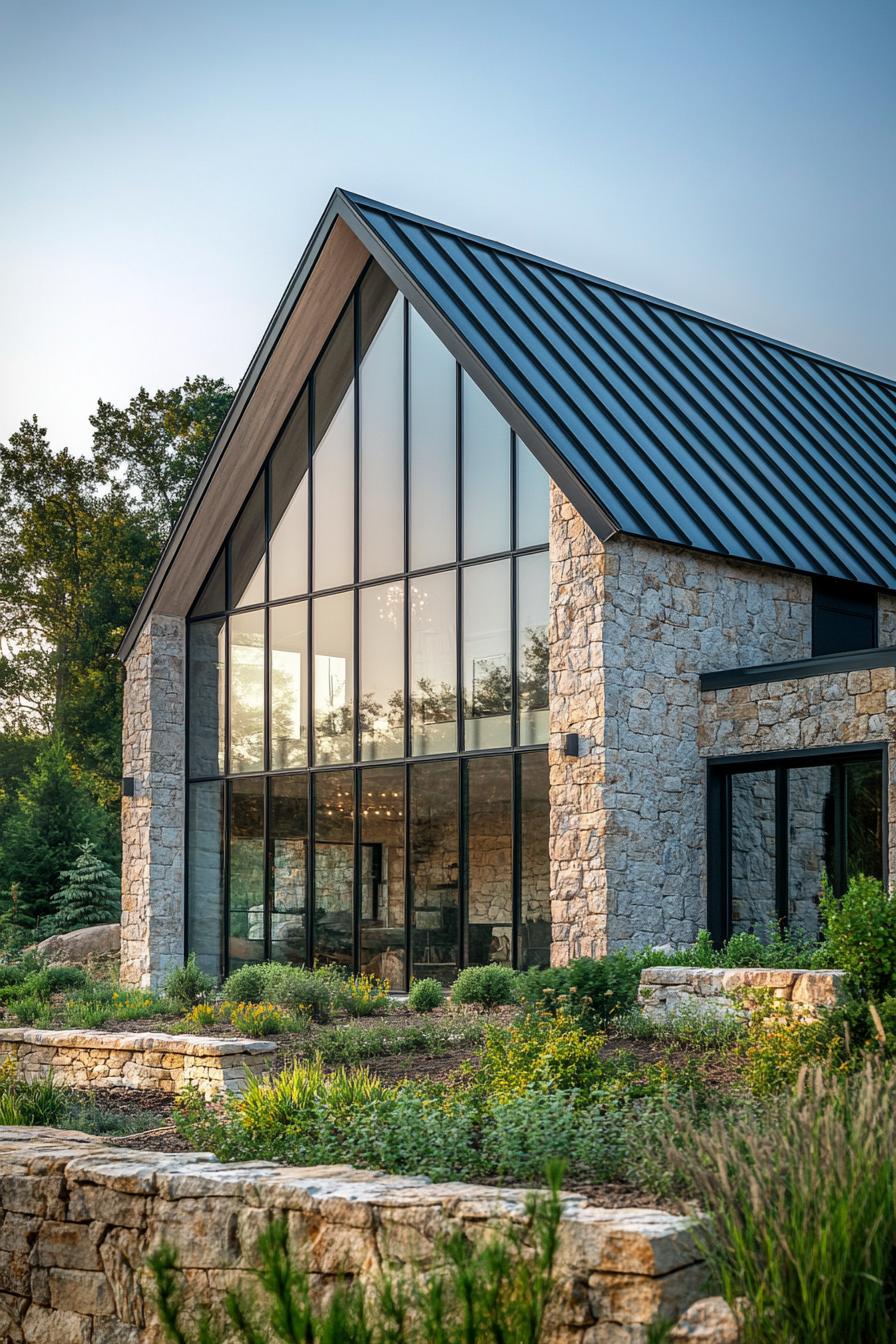 Modern stone barn with large glass façade and sleek metal roof