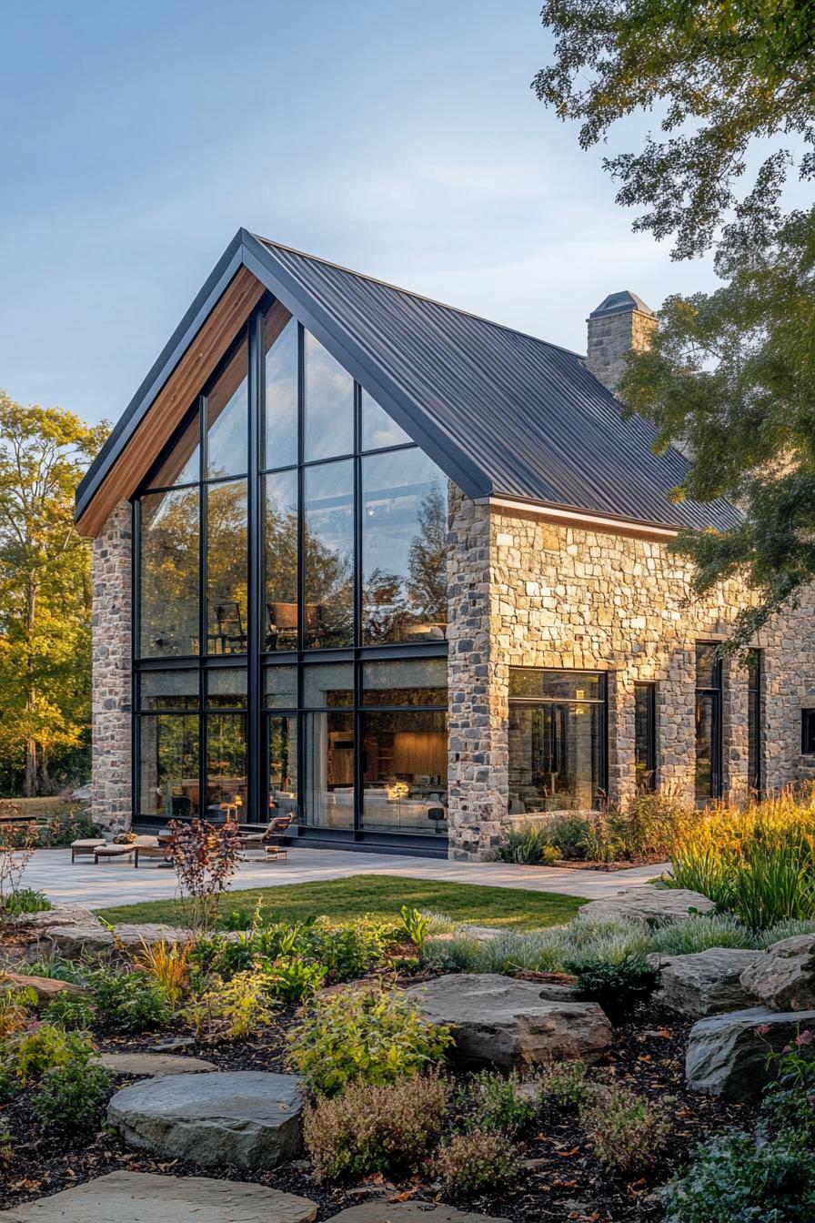 A stunning stone barn with large glass windows nestled in a lush landscape