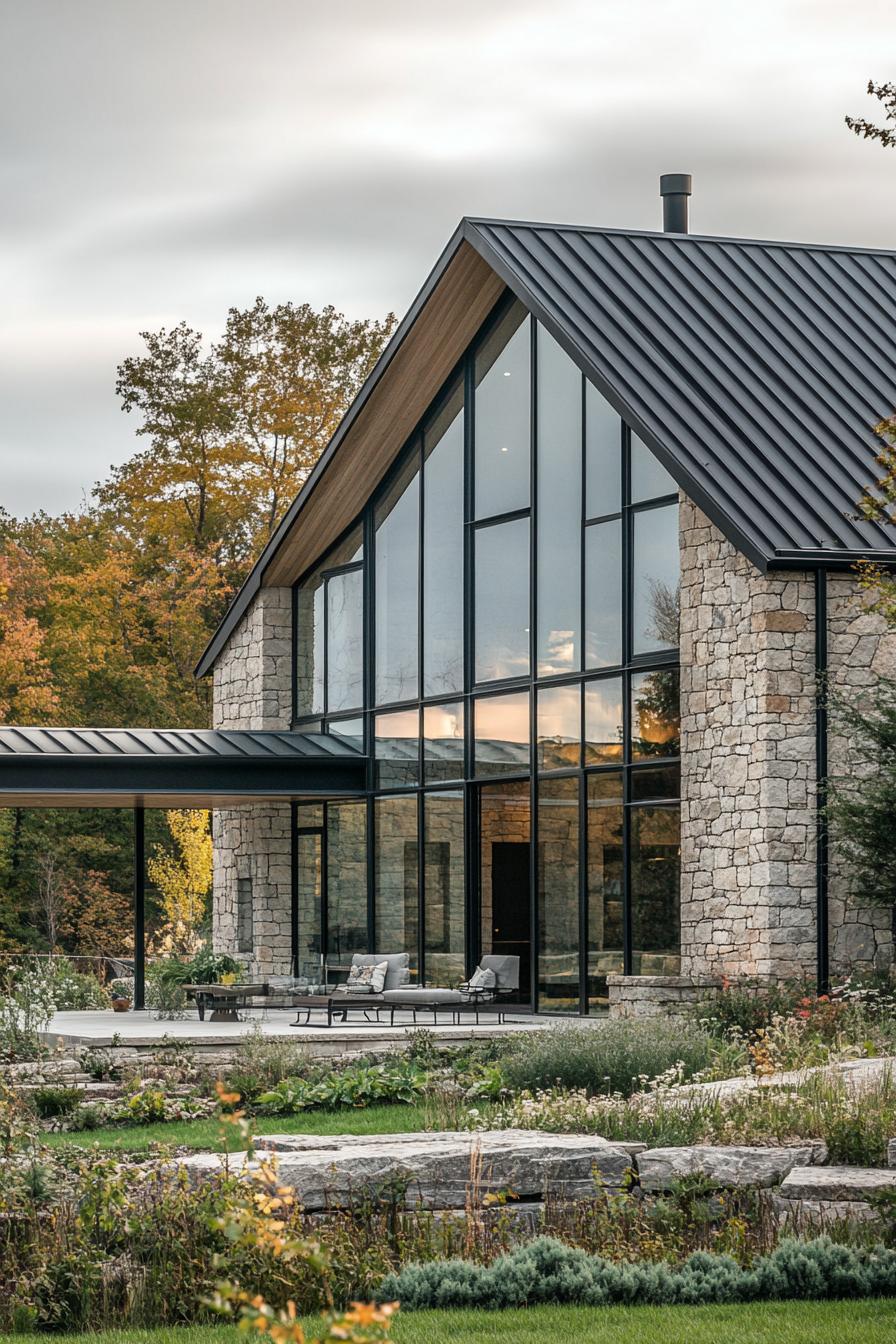 Modern stone barn with glass facade and sleek design elements