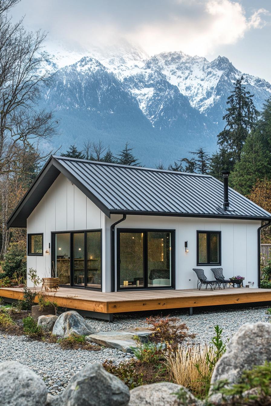 Compact metal home with wooden deck beneath snowy mountain