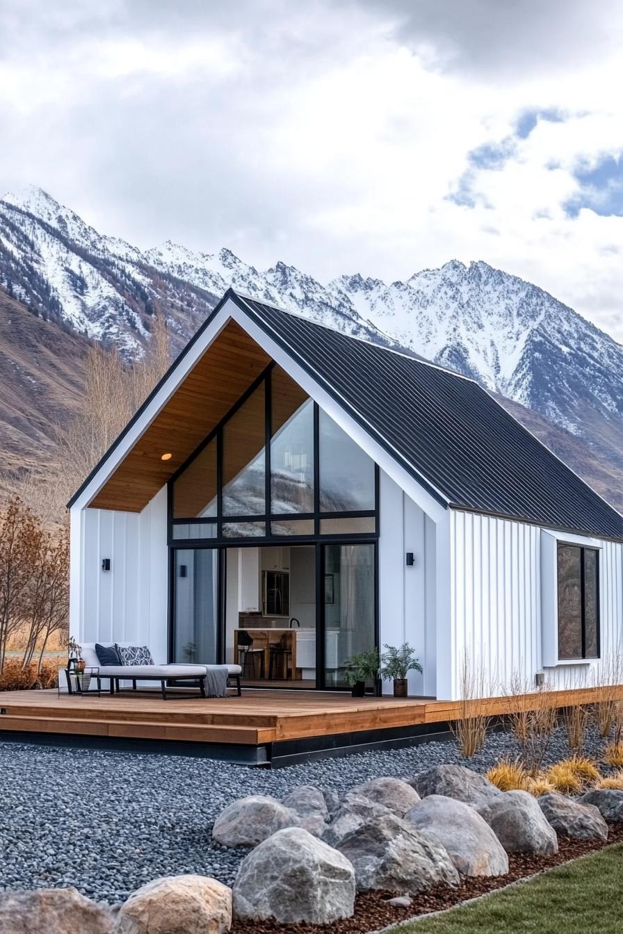 Modern metal house with large windows and mountain backdrop