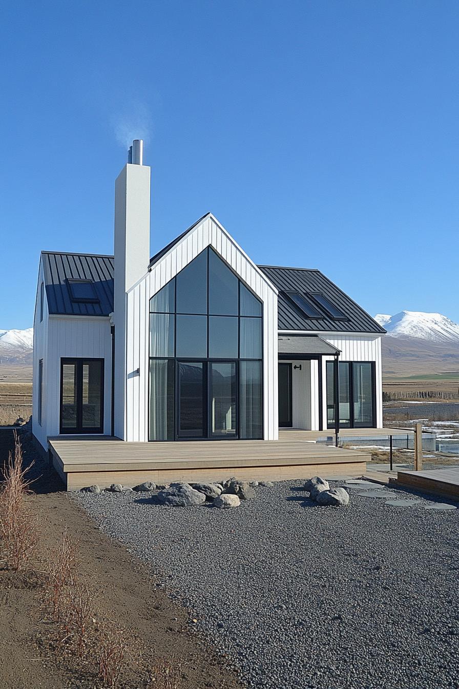 Modern steel house with large windows and mountains