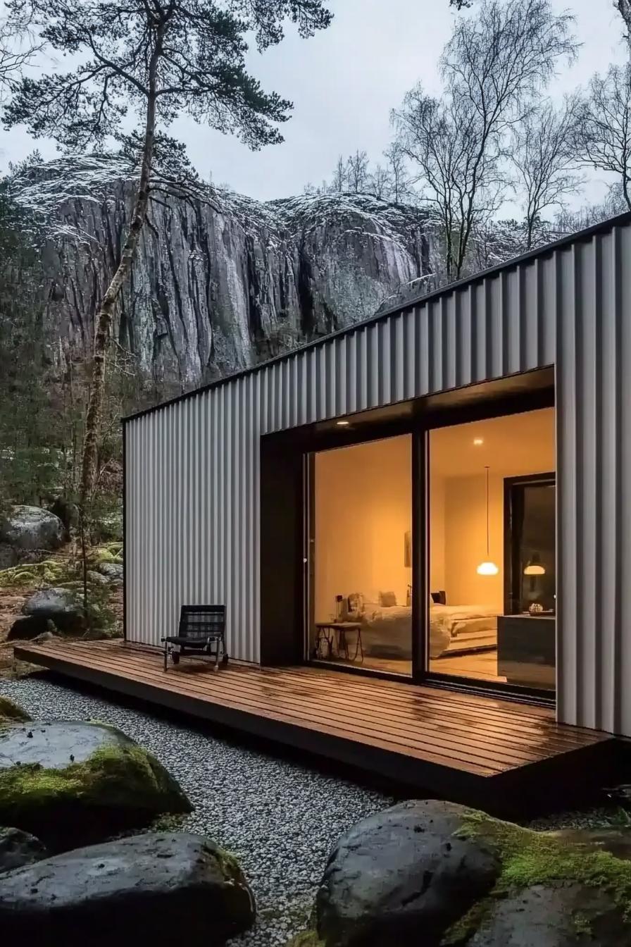 Sleek metal cabin with rocky backdrop