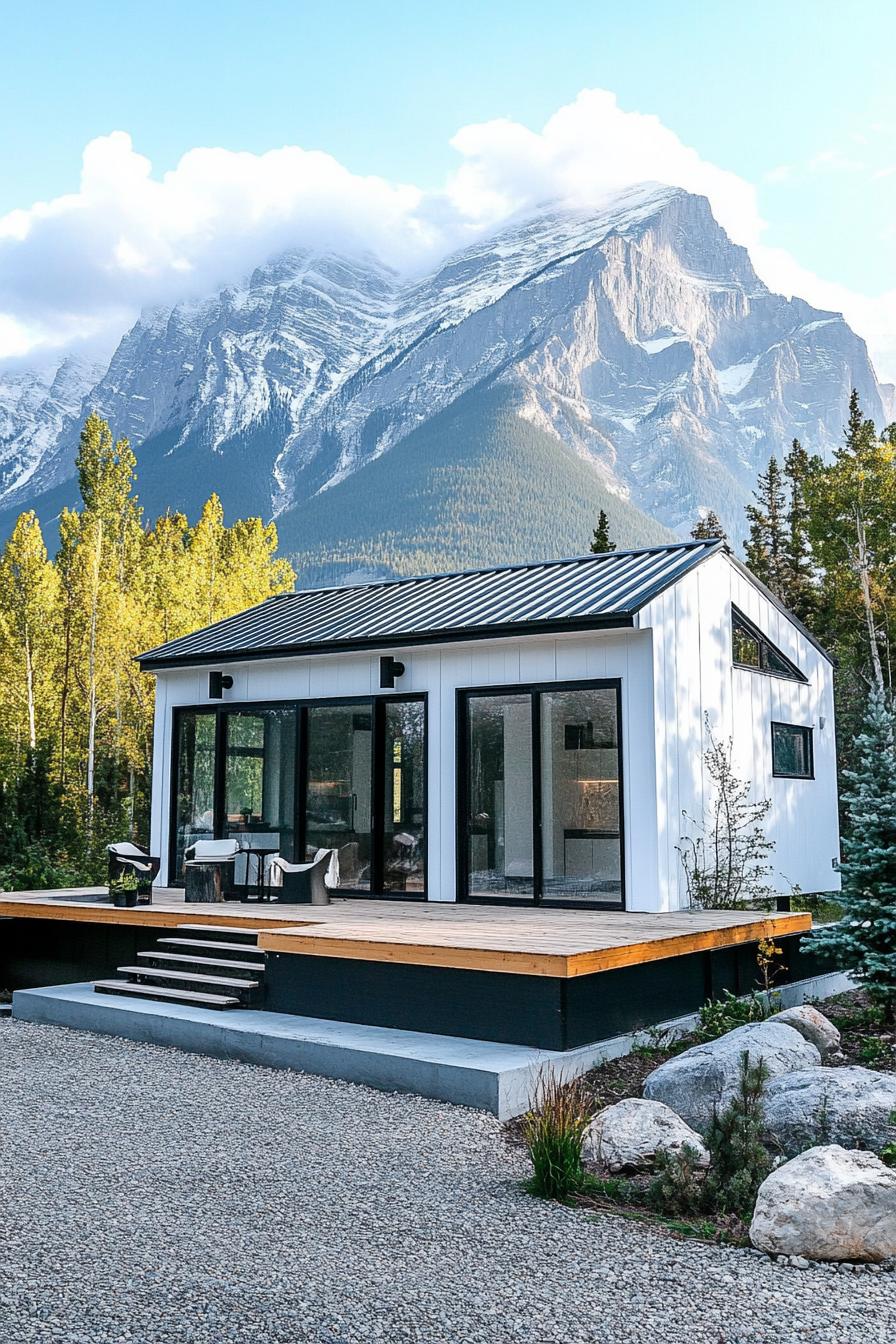 Compact metal house with large windows, set against a mountain backdrop