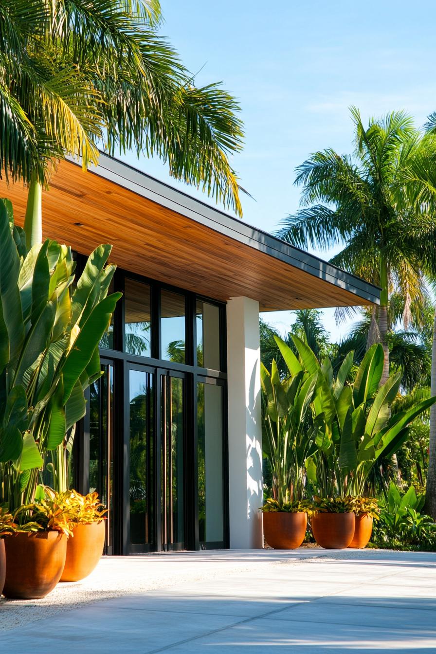 Modern minimalist house with tropical plants in foreground