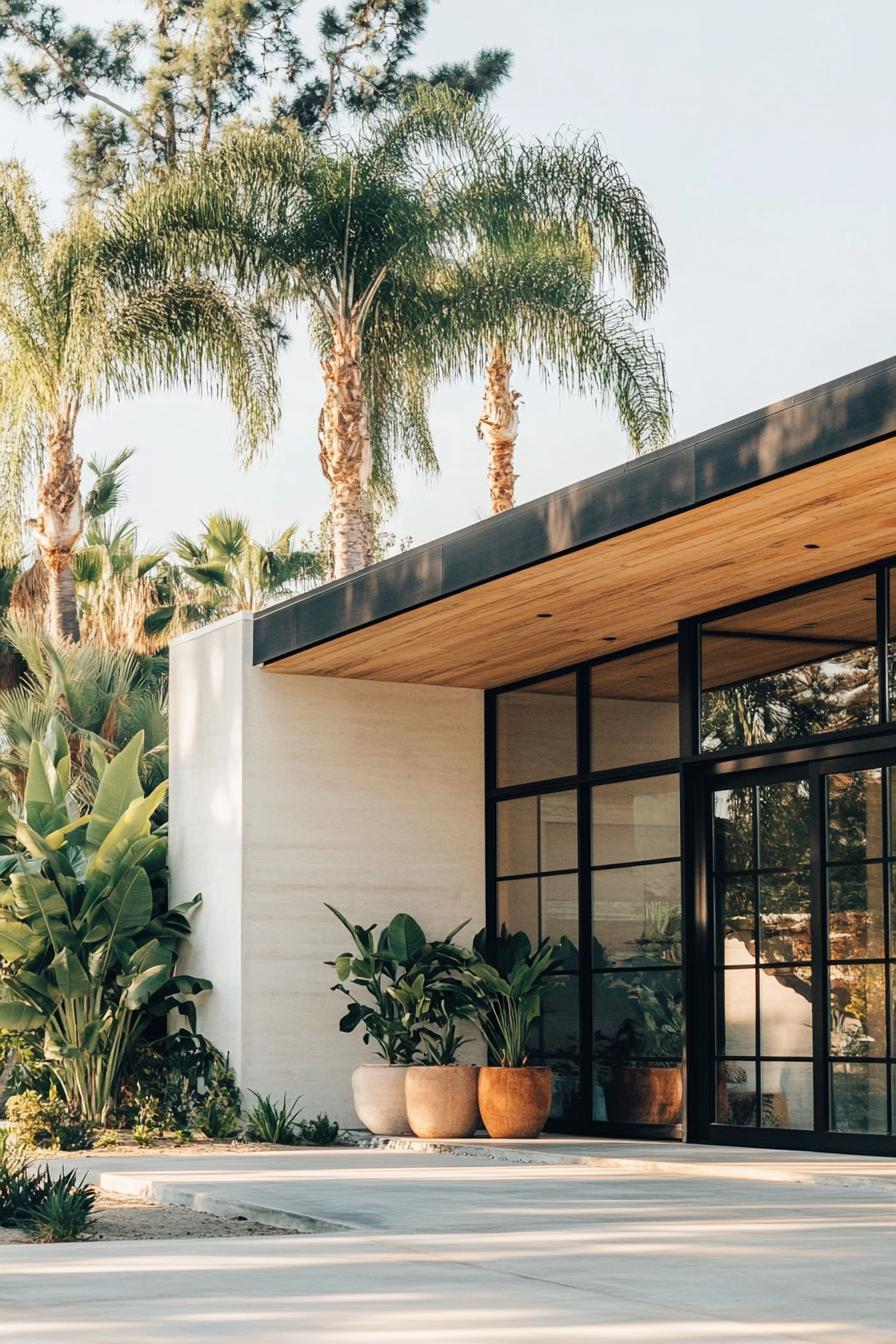 Modern house with glass walls and tropical plants