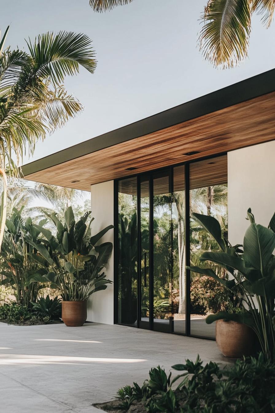 Modern house with glass walls and lush tropical plants