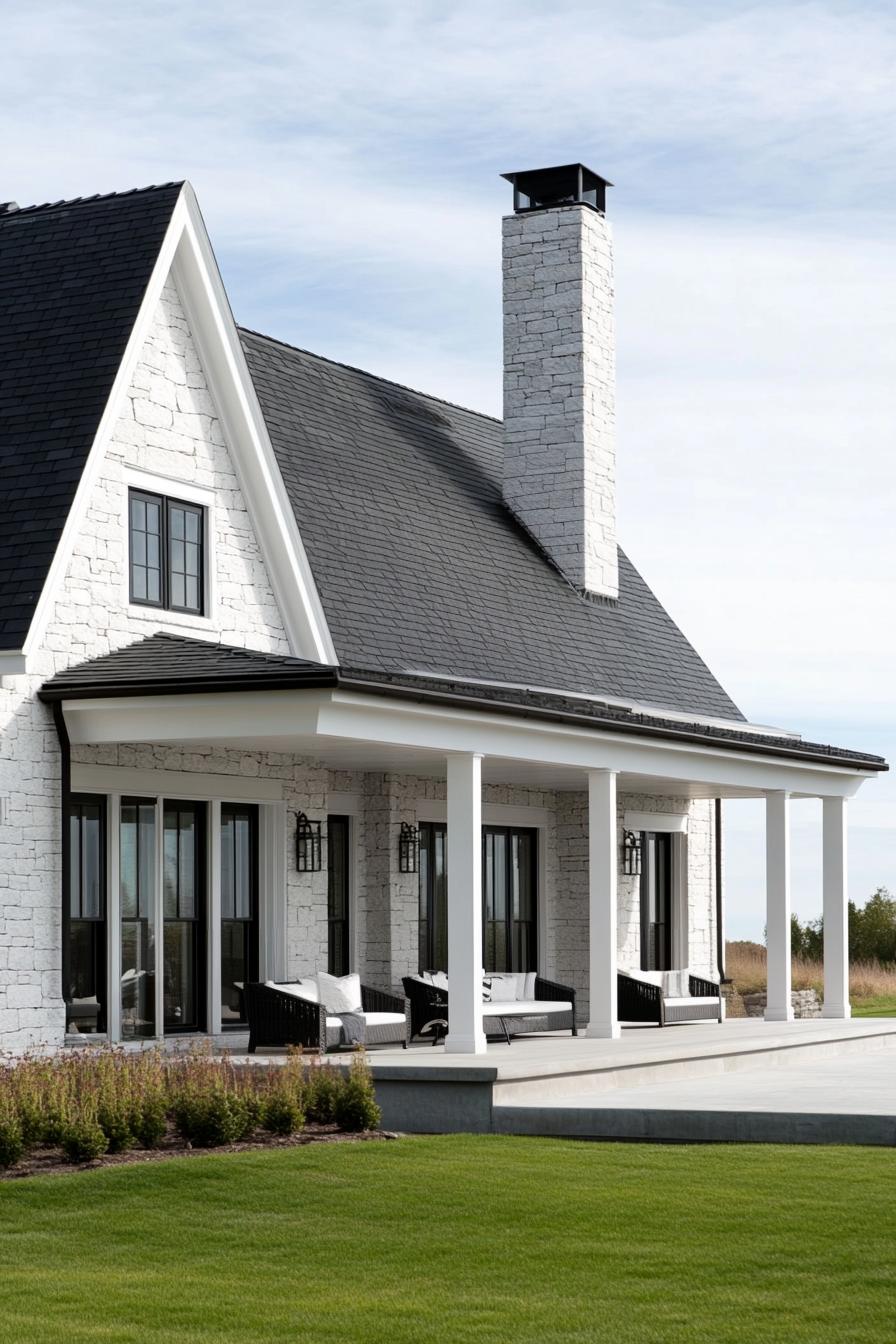 Charming white stone house with black roof and spacious porch