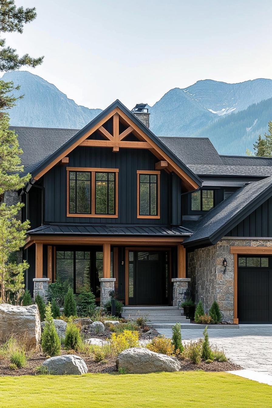 Black timber house with stone accents near mountains