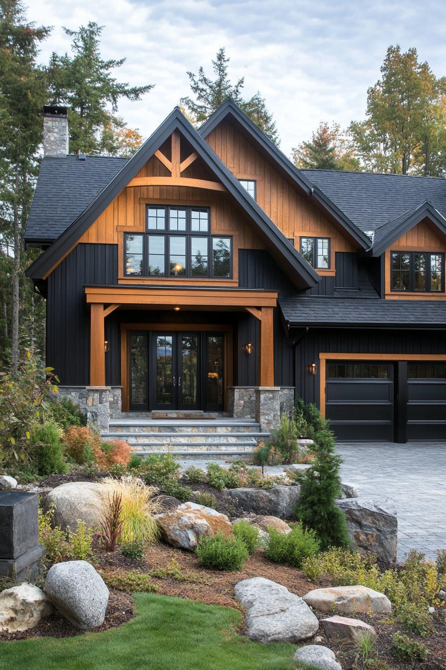 Charming timber house nestled among trees with stone embellishments