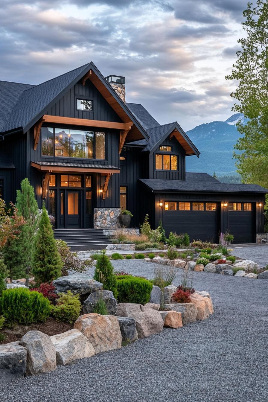 Modern black farmhouse with mountain backdrop