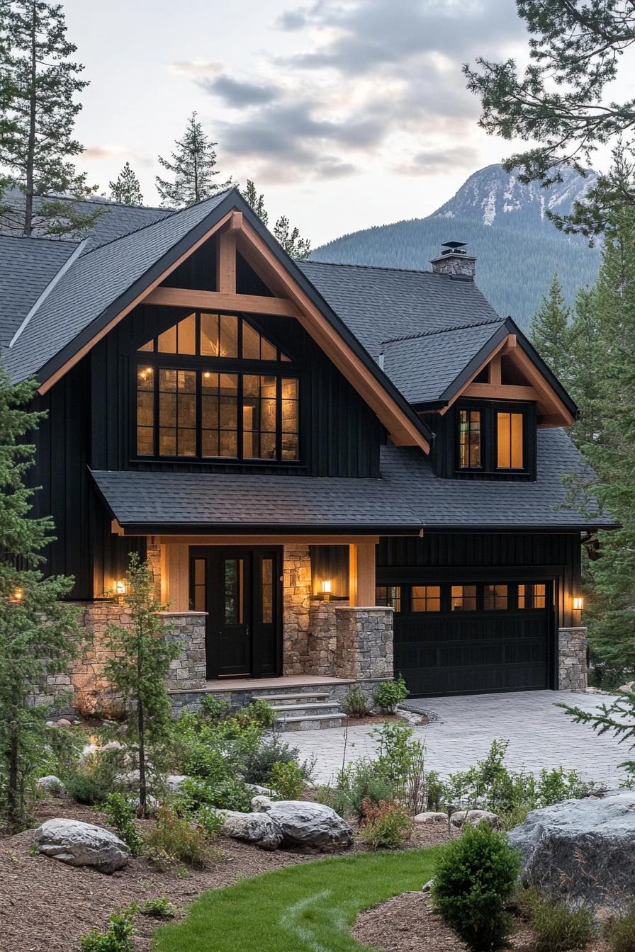 Rustic mountain house nestled in the woods at dusk