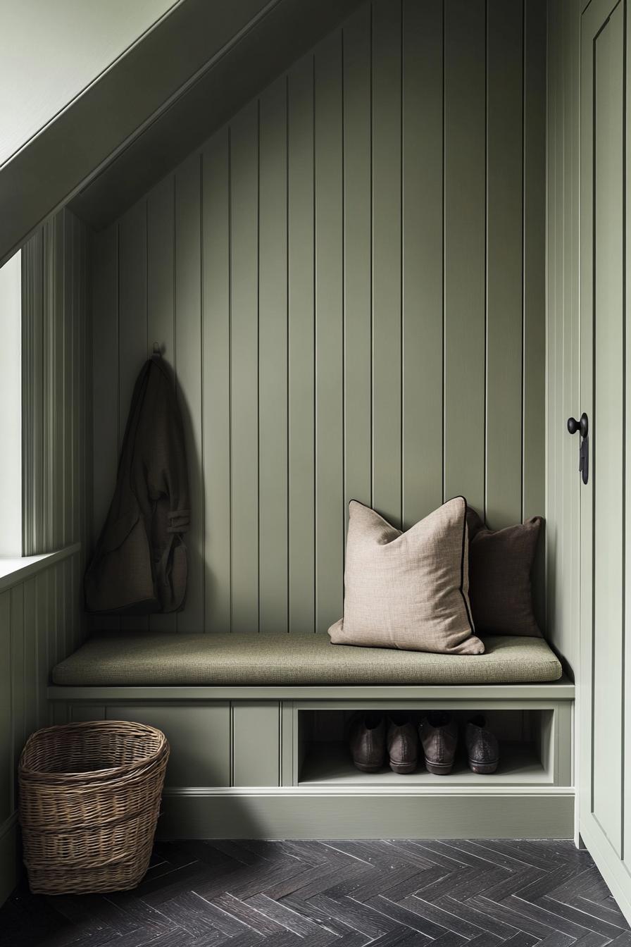 Charming green-toned mudroom with wooden bench and storage