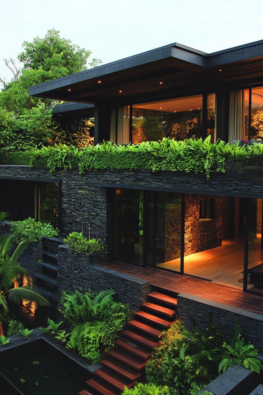 Stone villa surrounded by lush greenery and warm lights