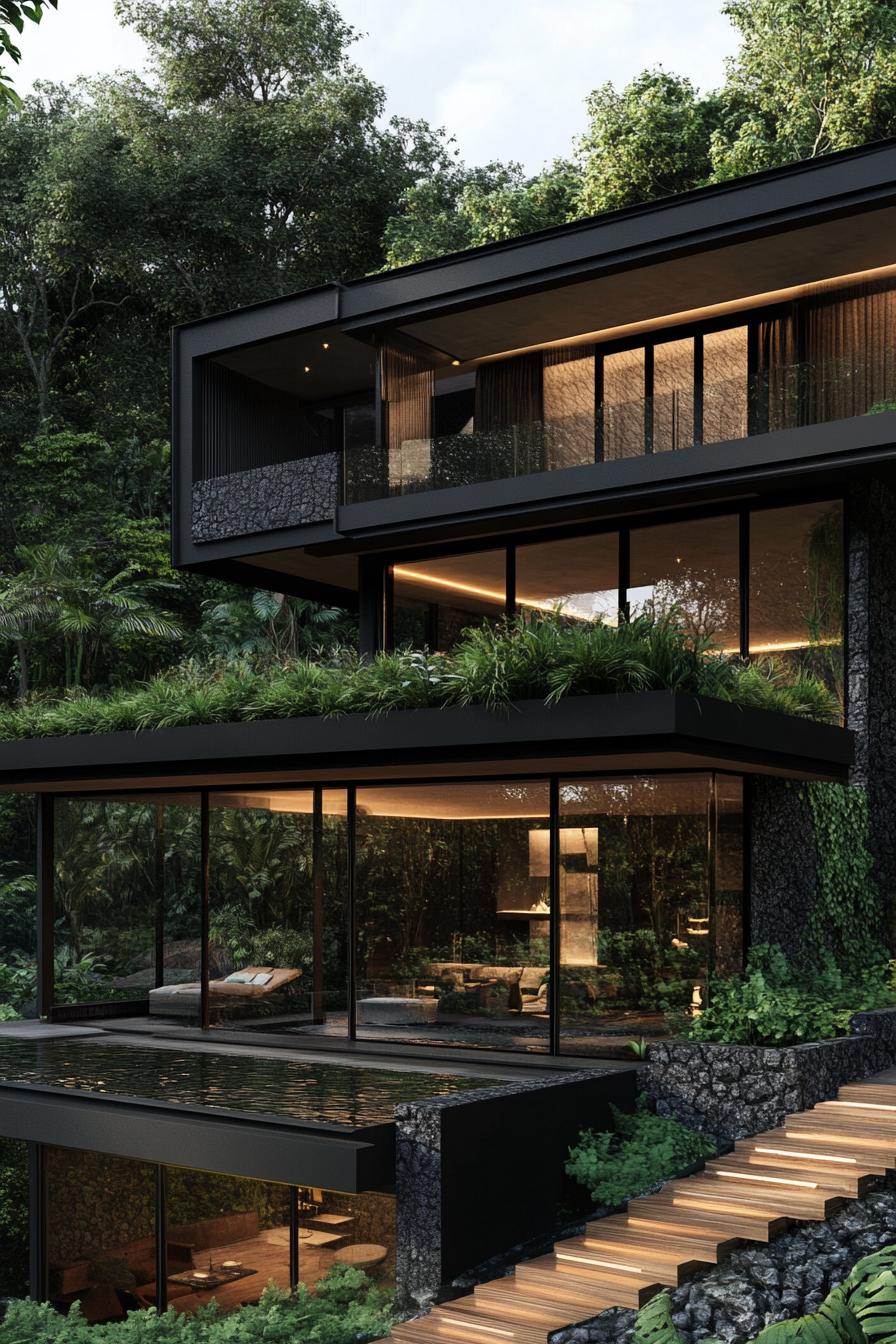 Modern villa nestled in lush greenery with large glass windows