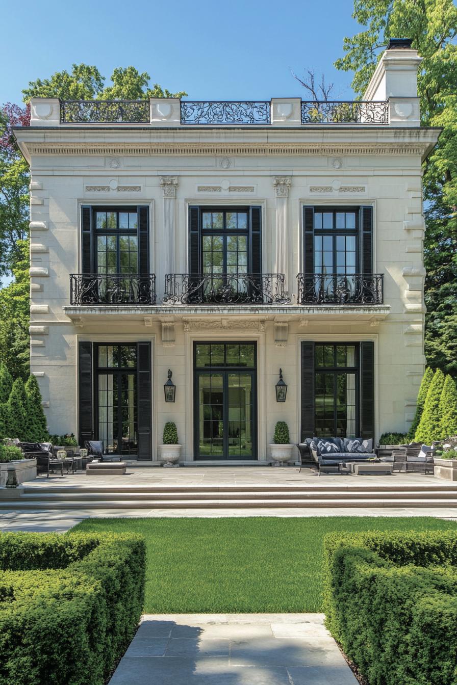 A grand two-story mansion with tall windows and ornate balconies