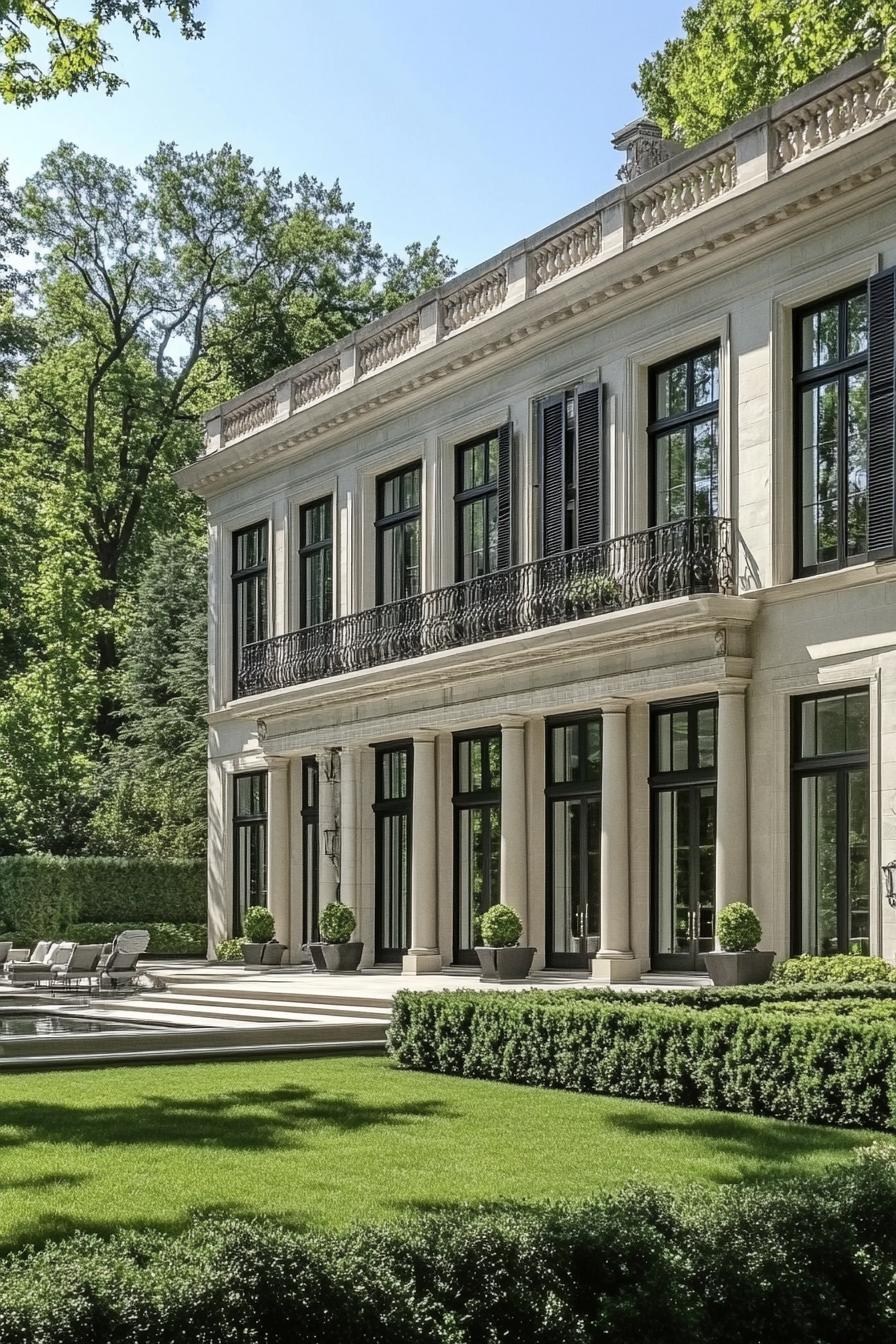 Elegant two-story mansion with columns and lush garden