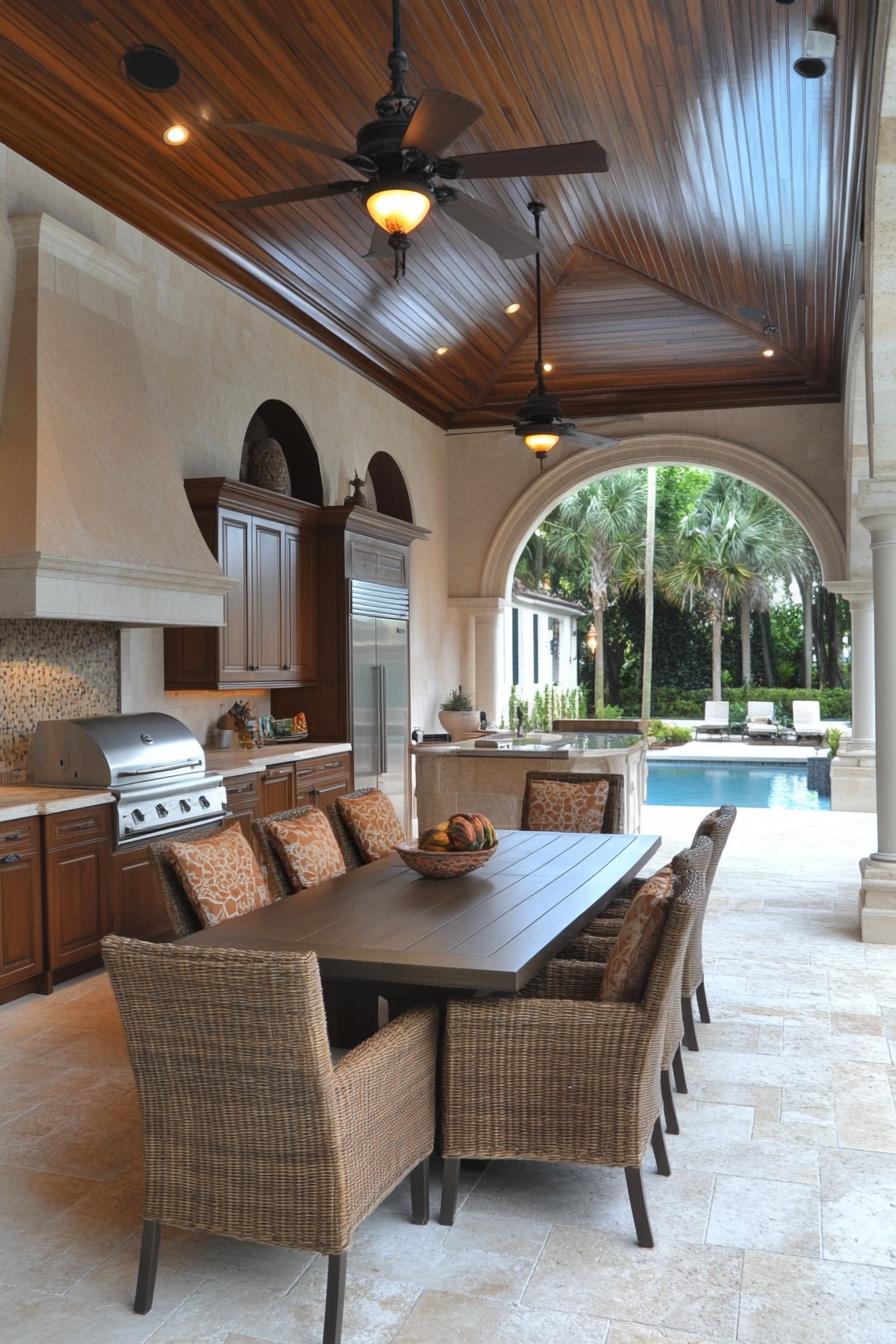 Elegant outdoor kitchen and dining area with a pool view