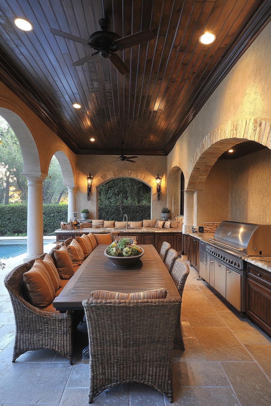 Elegant outdoor kitchen and dining area with arched openings and wicker seating