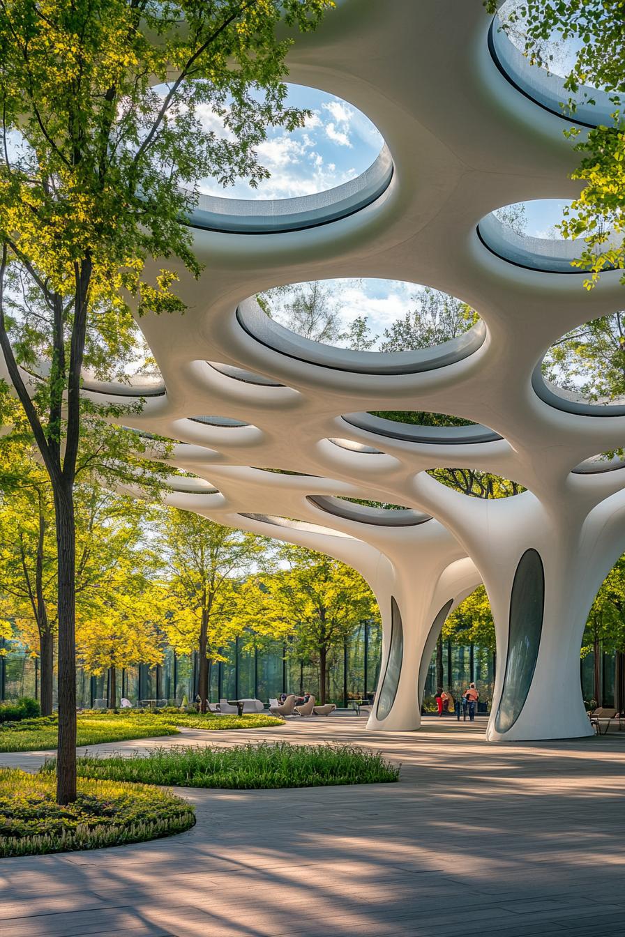 Modern pavilion with tree canopies and circular skylights