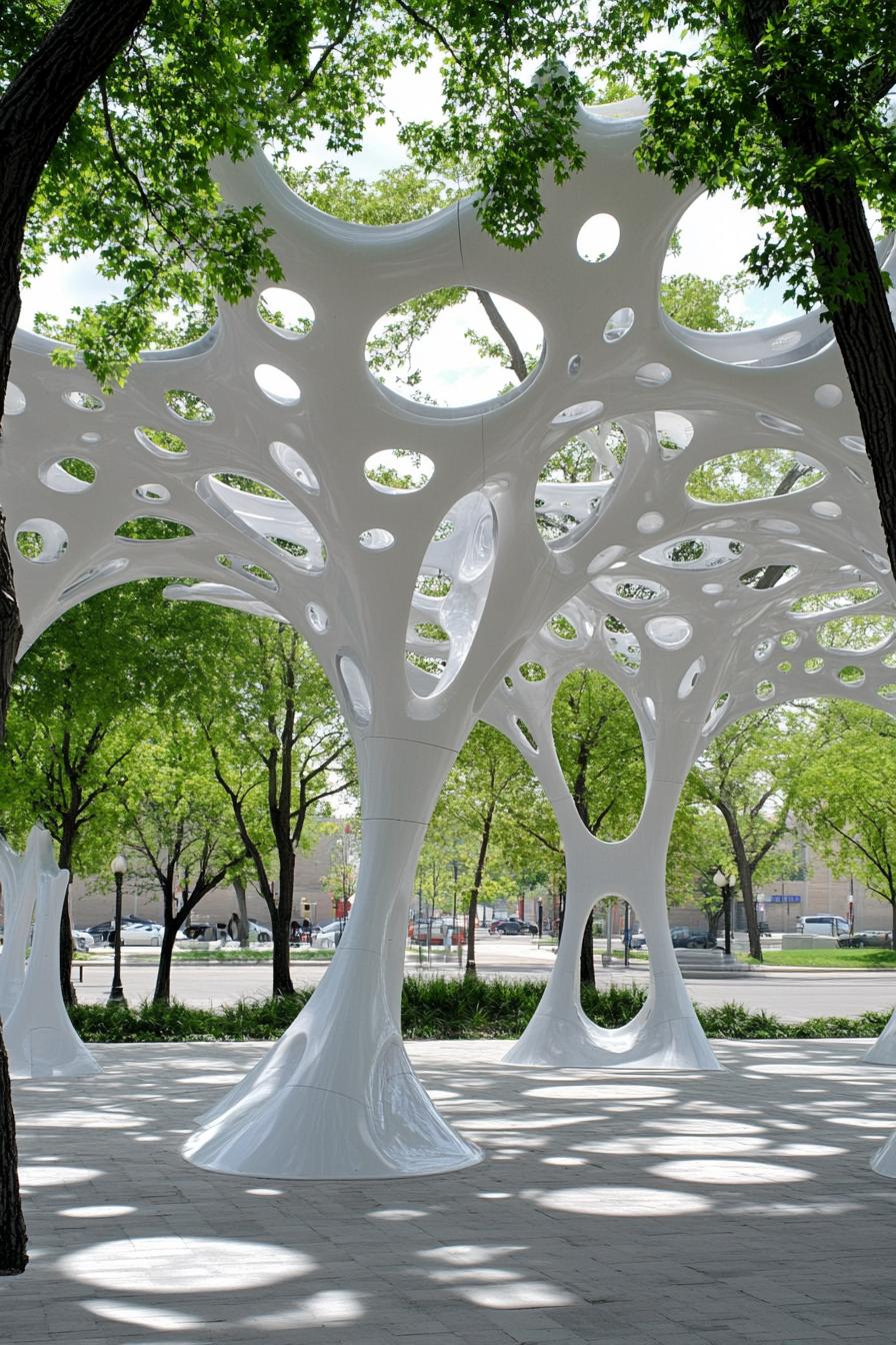 White sculptural pavilion with circular cutouts nestled among trees