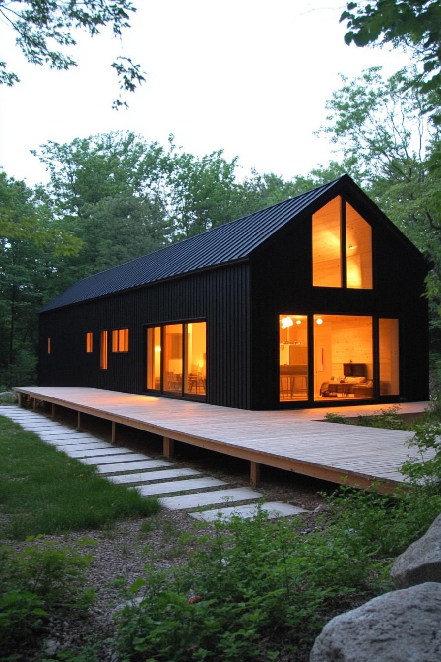 Modern longhouse with glowing windows against a forest backdrop