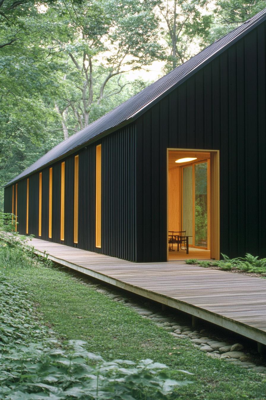 Sleek black longhouse with warm glowing accents