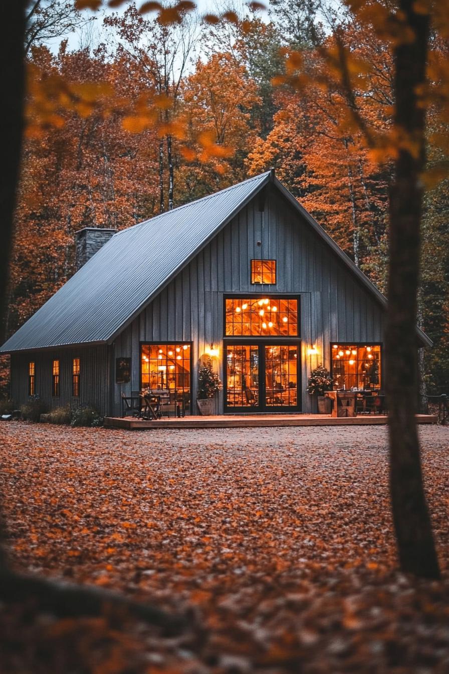 Cozy barndominium with glowing windows in a forest setting