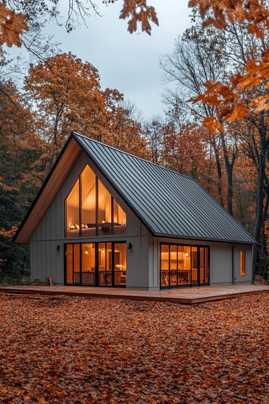 A-frame house with large windows amidst fall foliage