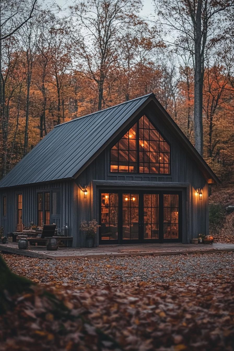 Cozy A-frame cabin surrounded by autumn leaves