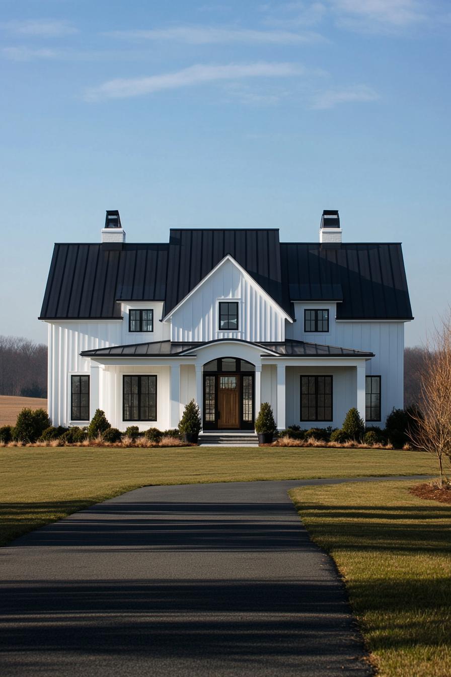 White farmhouse with black roof and wide driveway