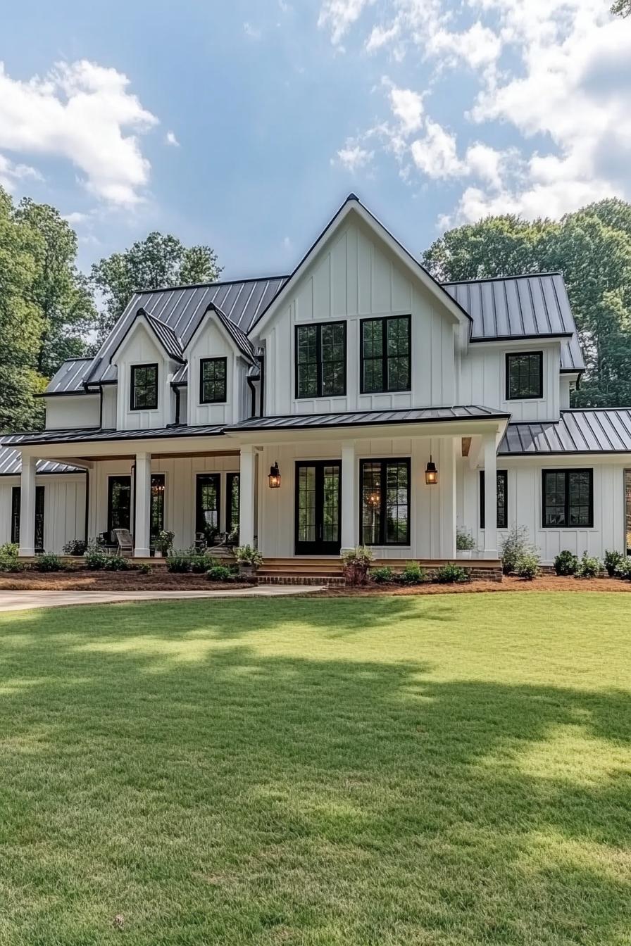 Stylish modern farmhouse with gables and lush lawn