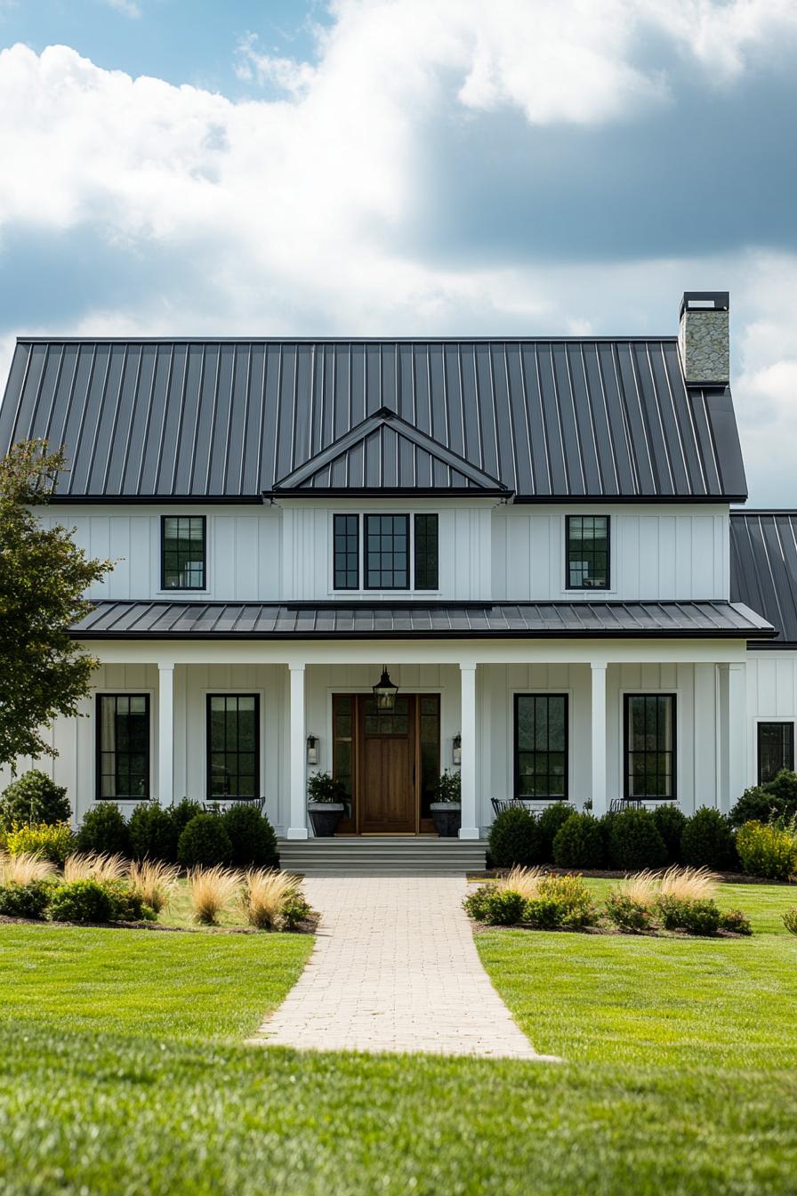 Modern farmhouse with white siding and black roof