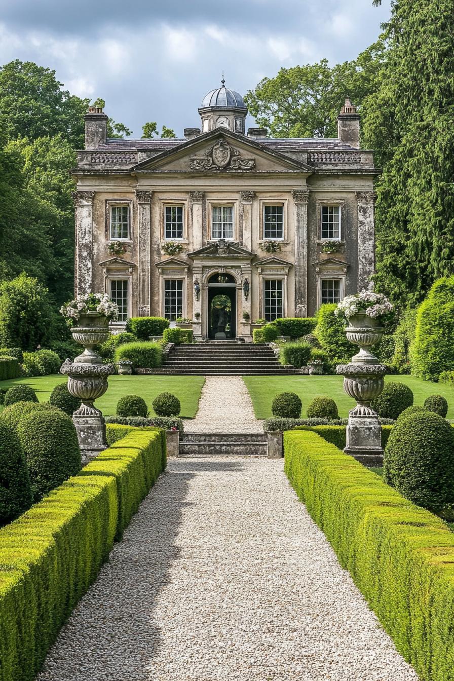 Grand mansion with a lush garden and ornate urns